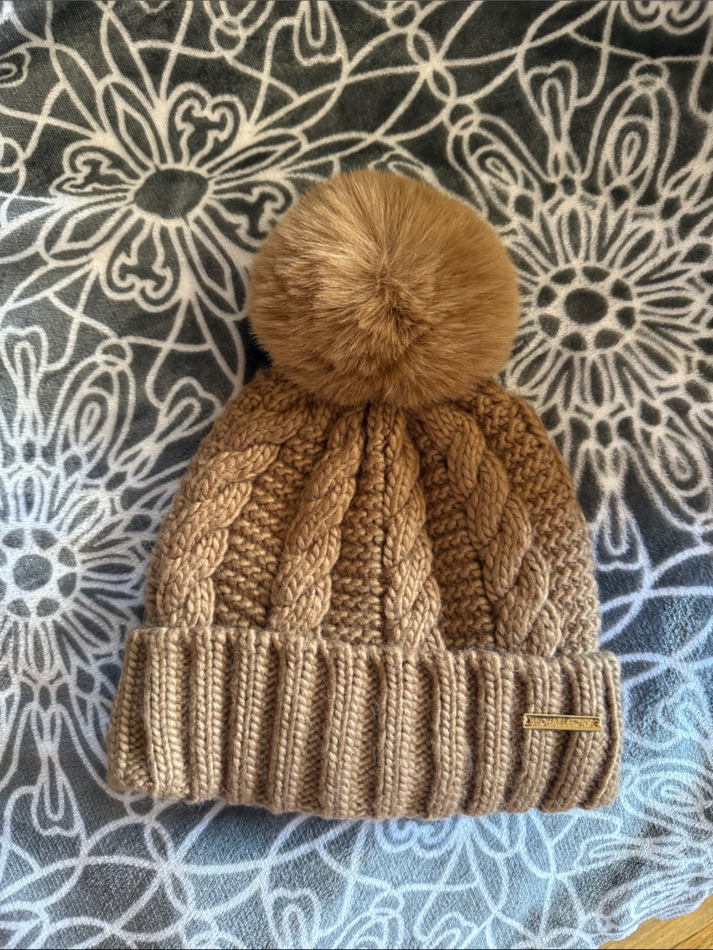 Michael Kors Kids Cable Knit Pom Beanie in Camel Brown women’s hat